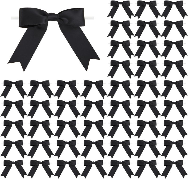Meseey 50 Pcs 3 Inches Twist Tie Satin Ribbon Bows Black Pretied Premade Craft Bows for Treat Bags Gift Wrapping Basket Wedding Baby Shower Brithday Christmas Party (3", Black) - Image 1
